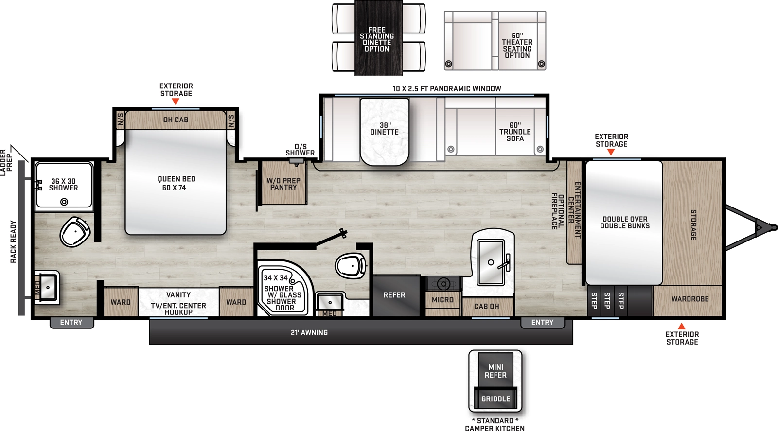 The Catalina Legacy Edition 333DBDSCL floorplan has two entries and two slide outs. Exterior features include: metal exterior, 21' awning and outside kitchen. Interiors features include: bunk beds, free-standing dinette option, rear bathroom and two full bathrooms.