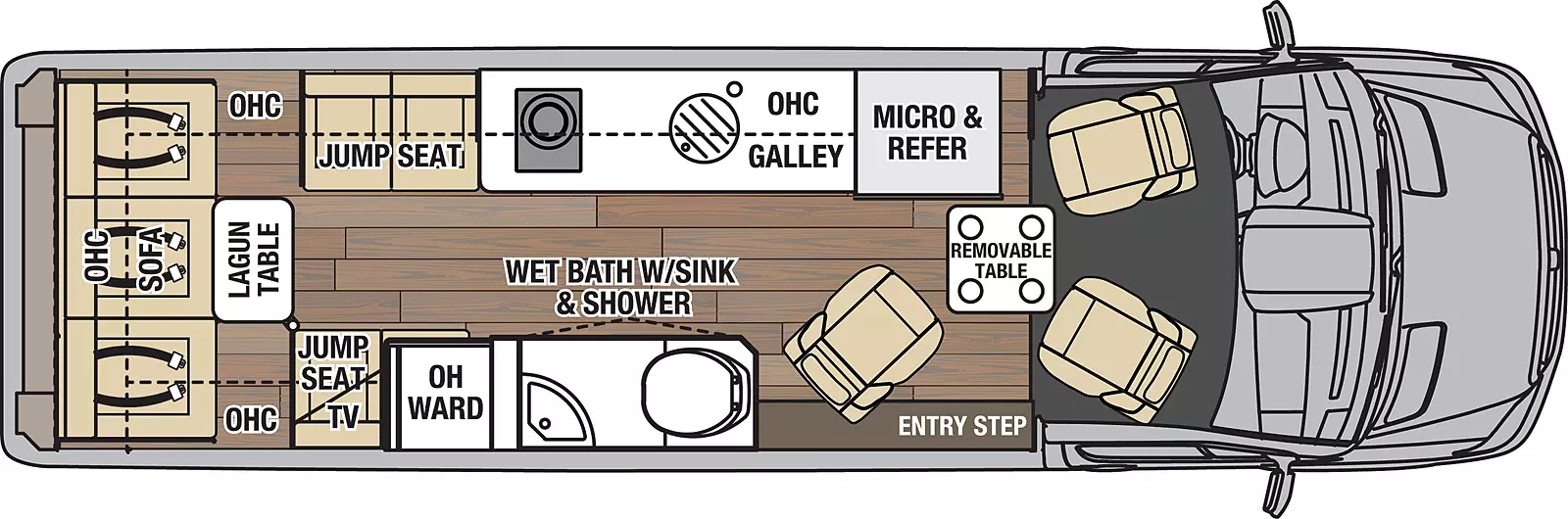 The Galleria 24T has 0 slideouts and 1 entry door and rear doors. Interior layout from front to back; removable table;  off door microwave and refrigerator and Galley kitchen with LP cooktop and single sink with overhead cabinets; door side near entry step side wet bath with toilet, sink and shower; off door jump seat with overhead cabinets; door side wardrobe next to jump seat, TV with overhead cabinets; rear lagun table with sofa and overhead cabinets.