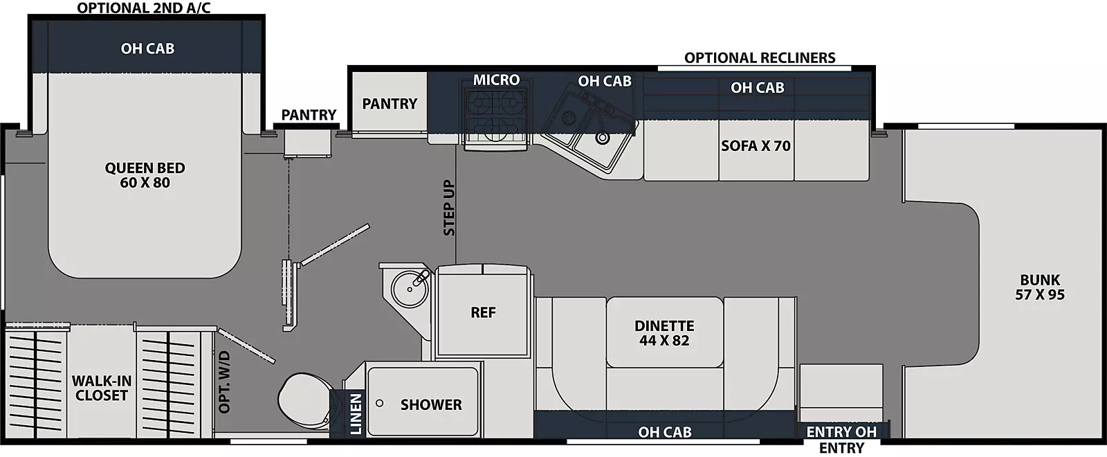  The Leprechaun 311FS FORD 450 has 2 slideouts, 2 on off-door side and 0 on door side and 1 entry door.  Interior layout from front to back; front 57 inch by 95 inch bunk; door side 44 inch by 82 inch dinette and overhead cabinets; off-door side 70 inch sofa and overhead cabinets; off-door kitchen with double basin sink with overhead cabinets, cooktop with microwave; door side refrigerator; step up leading to off-door side double pantry; door side bathroom with shower, toilet, sink and linen closet;  rear bedroom with 60 inch by 80 inch foot facing queen bed with overhead cabinets, door side walk in closet. Optional washer and dryer set up in bathroom, optional recliners and optional 2nd air conditioning in bedroom.