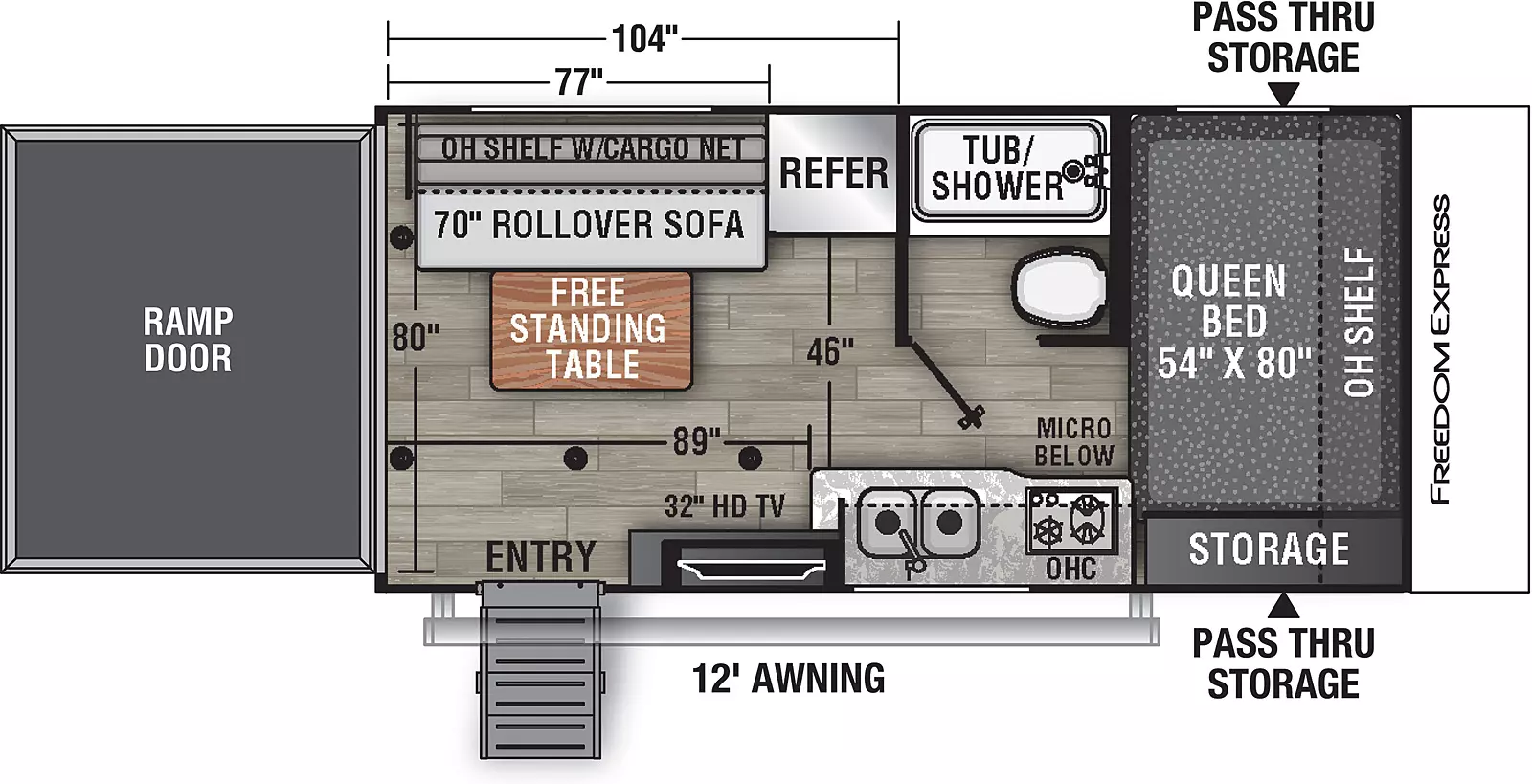 The 17BLSE has no slide outs and one entry door on the door side. Interior layout from front to back: front bedroom side facing queen bed, side aisle bathroom on the off- door side, kitchen living dining area with the double basin sink, microwave and stove top on the door side. 70" rollover sofa with cabinets over head and refrigerator and free standing dinette on the off-door side, 32" TV on the door side. Ramp door located at the rear. 