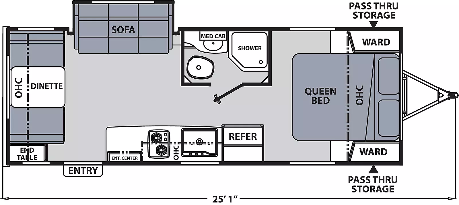 The 213RDS has one slide out on the off-door side and one entry door on the door side. Interior layout from front to back: front bedroom with foot facing queen bed, overhead cabinet, and wardrobes on either side of the bed; off door side bathroom. Kitchen living dining area with off-door side slide out containing sofa; door side kitchen containing refrigerator, sink, cook top stove, and overhead cabinet; door side entertainment center; and dinette located at the rear with overhead cabinet and end table.