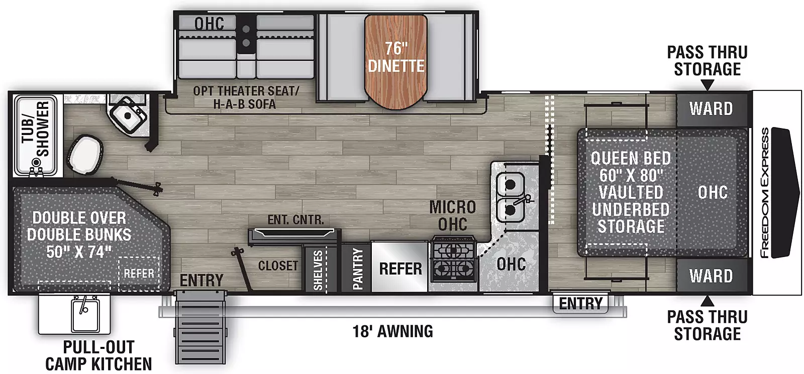 The 287BHDS has one slide out on the off-door side and two entry doors on the door side. Interior layout from front to back: front bedroom containing foot facing queen bed with vaulted under-bed storage, overhead cabinet, and wardrobes on either side of bed; kitchen living dining area off-door side slide out containing dinette and sofa with overhead cabinet; door side kitchen containing double basin sink, overhead cabinet, cook top stove, microwave cabinet, refrigerator, and pantry; door side closet and entertainment center; off-door side bathroom; and door side double bed over double bed bunks. Exterior camp kitchen including; cook top, sink and mini refrigerator.