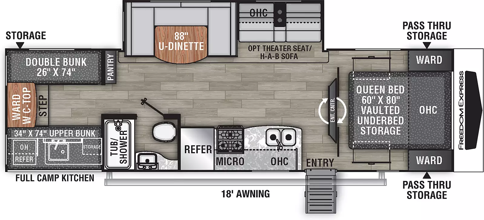 The 292BHDS has one slide out on the off-door side and one entry door on the door side. Interior layout from front to back: front bedroom containing foot facing queen bed with vaulted under-bed storage, overhead cabinet, and wardrobes on either side of bed; swivel entertainment center; kitchen living dining area off-door side slide out containing sofa with overhead cabinet and u-shaped dinette; door side kitchen containing double basin sink, overhead cabinet, cook top stove, microwave overhead, and refrigerator; door side bathroom; off door side pantry; rear bunk room with two bunk beds on the off-door side, wardrobe, one  bunk on the door side with storage underneath. Exterior camp kitchen includes; mini refrigerator, sink and cook top. 