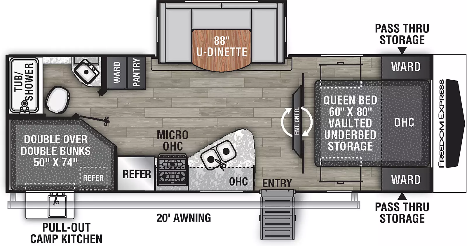 The 257BHS has one slide out on the off-door side and one entry door on the door side. Interior layout from front to back: front bedroom containing foot facing queen bed with vaulted under-bed storage, overhead cabinet, and wardrobes on either side of bed; swivel entertainment center; kitchen living dining area off-door side slide out containing u-shaped dinette; door side kitchen containing double basin sink, overhead cabinet, cook top stove, microwave overhead, and refrigerator; off-door side wardrobe and pantry; off-door side rear bathroom; and door side double over double bunk beds. Exterior camp kitchen including cook top and sink.