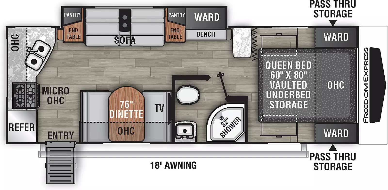 The 246RKS has one slide out on the off-door side and one entry door on the door side. Interior layout from front to back: front bedroom containing foot facing queen bed with vaulted under-bed storage, overhead cabinet, and wardrobes on either side of bed; door side bathroom; kitchen living dining area with off-door side slide out containing wardrobe, bench, sofa, and pantry end tables on either side of the sofa; door side dinette with overhead cabinet and television; and rear kitchen containing refrigerator, cook top stove, microwave, double basin sink, and overhead cabinet.