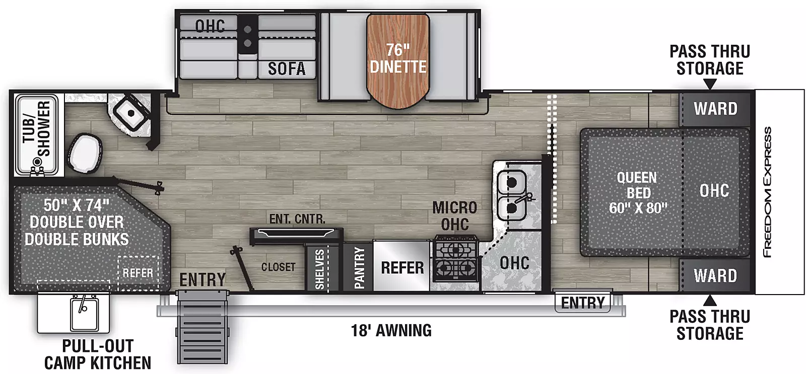 The 28.7SE has one slide out on the off-door side and two entry doors on the door side. Interior layout from front to back: front bedroom with foot facing queen bed with entry door to the bedroom, kitchen dining living area with slide out on the off-door side containing sofa and dinette. On the door side: double basin sink, stove top, microwave overhead, refrigerator, pantry and closet with the entertainment center. Rear off-door side bathroom and double over double bunks on the door side. Camp kitchen is located on the door side rear of the unit. 