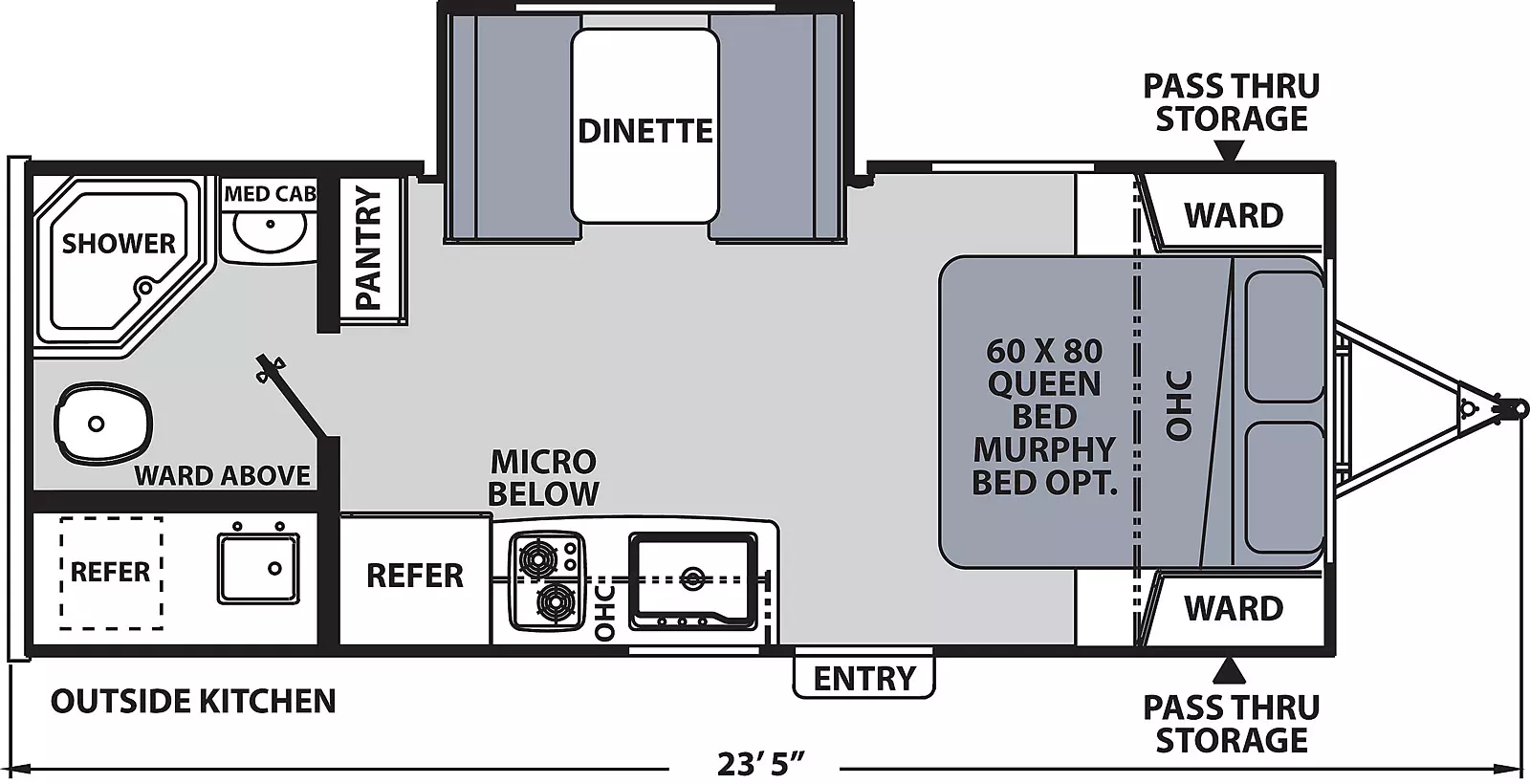 The 203RBK has one slide out on the off-door side and one entry door on the door side. Interior layout from front to back: front bedroom containing foot facing queen bed, overhead cabinet, and wardrobes on either side of bed (Murphy Bed optional). Kitchen living dining area with off- door side slide out containing dinette; door side kitchen containing sink, cook top stove, overhead cabinet, microwave below, and refrigerator; pantry located on the off-door side. Rear corner off-door side bathroom containing, wardrobe, toilet, shower, medicine cabinet. Exterior camp kitchen includes; mini refrigerator and sink.