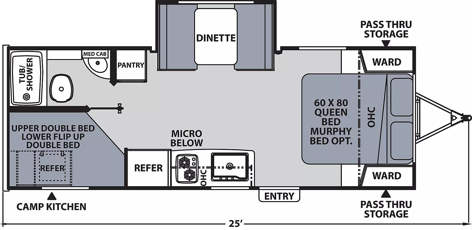 The 208BHS has one slide out on the off-door side and one entry door on the door side. Interior layout from front to back: front bedroom containing foot facing queen bed with murphy bed option, wardrobes on either side and overhead storage; kitchen living dining area with off-door slide out containing dinette; door side kitchen containing sink, cook top stove, overhead cabinet, microwave below, and refrigerator. Pantry located on the off-door side; rear off-door side bathroom with tub/shower, toilet and medicine cabinet. Double bed over flip up double bed bunks located on the door side; Exterior camp kitchen at the rear.