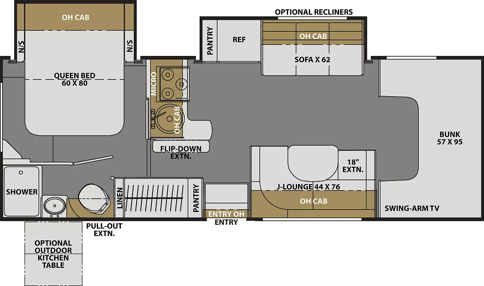 The Freelander 26DS FORD 450 has 2 slideouts, 2 on off-door side and 0 on door side and 1 entry door.  Interior layout from front to back; front 57 inch by 95 inch bunk with swing arm TV; door side 44 inch by 76 inch J-Lounge with 18 inch extension with overhead cabinets; off-door side 62 inch sofa with overhead cabinets; off-door side refrigerator and pantry with wrap around cooktop with microwave, overhead cabinets and single sink with flip down extension; door side pantry; rear bedroom with 60 inch by 80 inch foot facing queen bed with overhead cabinets and night stand on either side; rear door side bathroom with shower, toilet, sink and linen closet. Optional recliners and outdoor kitchen table with pull out extension..