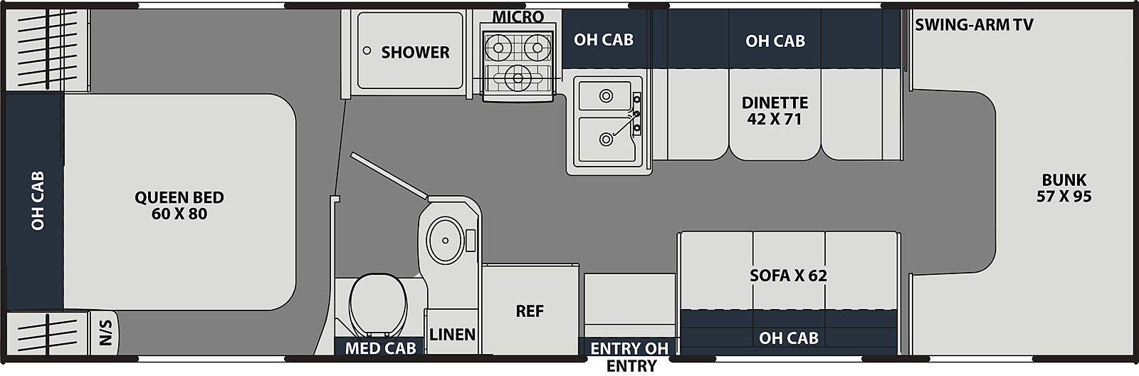 The Leprechaun 270QB CHEVY 3500 has 0 slideouts and 1 entry door.  Interior layout from front to back; front 57 inch by 95 inch bunk with off-door swing arm TV; off-door side 42 inch by 71 inch dinette and overhead cabinets; door side 62 inch sofa with overhead cabinets and refrigerator; off-door side kitchen with microwave above stovetop, double basin sink and overhead cabinets; off-door side shower separate from the bathroom; door side bathroom with toilet, sink, linen closet and medicine cabinet; rear bedroom with 60 inch by 80 inch foot facing queen bed with overhead cabinets and night stand.