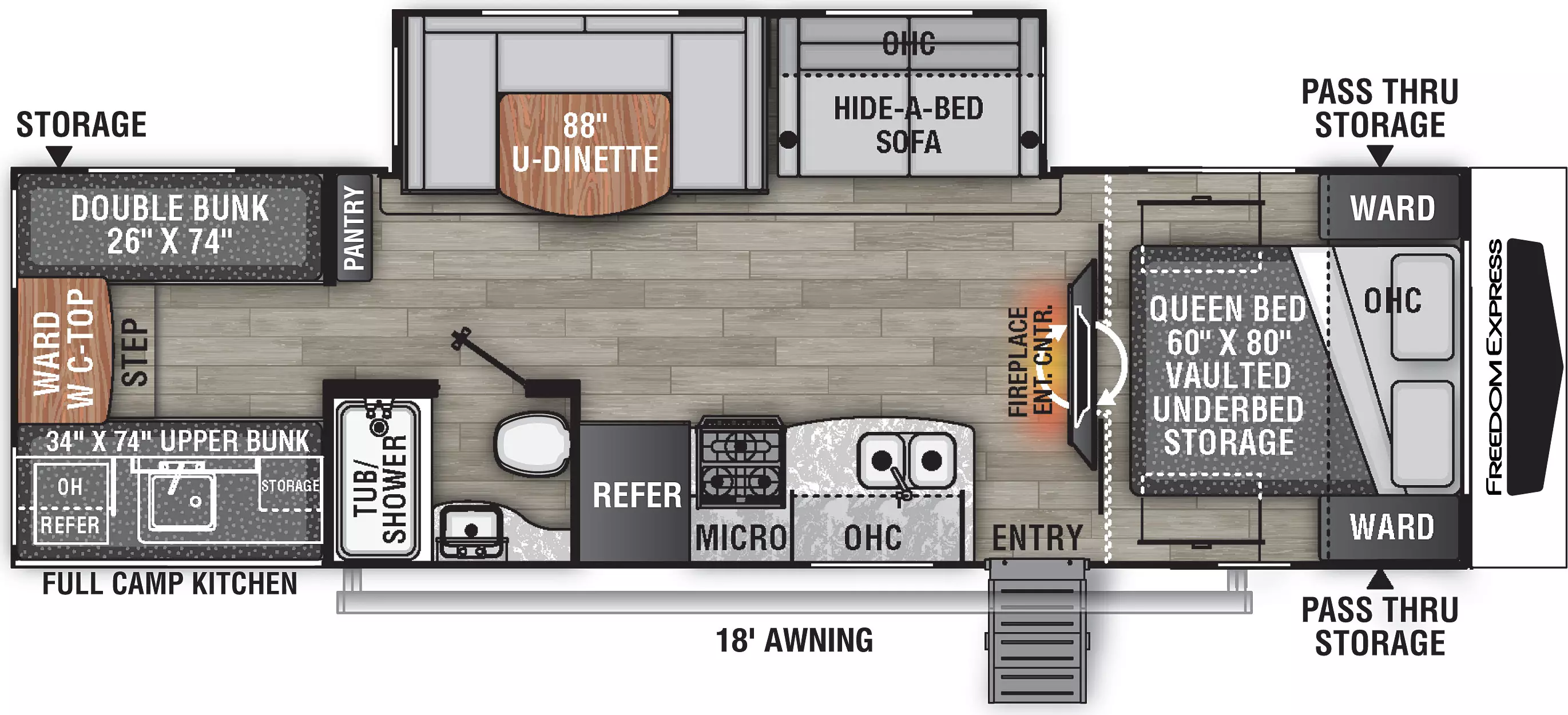 The 292BHDSLE has one slide out on the off-door side and one entry door on the door side. Interior layout from front to back: front bedroom with foot facing queen bed, vaulted under-bed storage, overhead cabinet, and wardrobes on either side of the bed.  swivel television in entertainment center with fireplace. Kitchen living dining area with off-door side slide out containing hide-a-bed sofa with overhead cabinets and u-shaped dinette; door side kitchen containing double basin sink, overhead cabinet, cook top stove, microwave overhead, and refrigerator. Door side bathroom containing tub/shower, toilet and sink. Pantry located on the off- door side. Rear bunk room containing two bunks on the off- door side, and one bunk on the door side, with storage below and wardrobe in between bunks. Exterior features full camp kitchen, 18 foot awning and pass through storage.