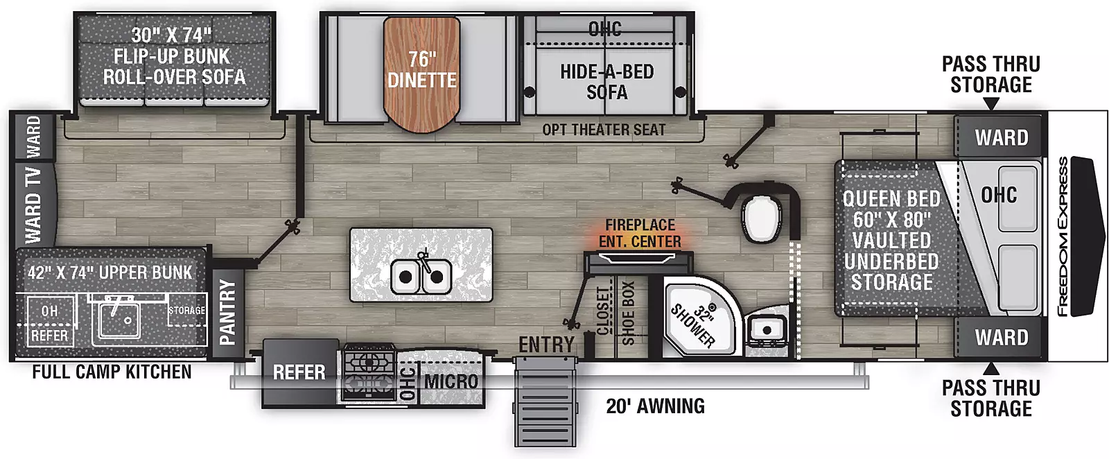 The 320BHDSLE has has three slide outs, two on the off-door side one on the door side and one entry door on the door side. Interior layout from front to back: front bedroom with foot facing queen bed, vaulted under-bed storage, overhead cabinet, and wardrobes on either side of the bed; walk through bathroom; entertainment center with fireplace; kitchen living dining area. With off-door side slide out containing dinette, hide-a-bed sofa with overhead cabinets; kitchen island containing double basin sink; door side slide out with kitchen containing microwave and overhead cabinet, cook top stove, and refrigerator; door side pantry; and rear bedroom with off door side slide out containing sofa with table and upper bunk, wardrobe, on the door side upper bunk with storage below. Exterior camp kitchen including; mini refrigerator, sink and cook top. 