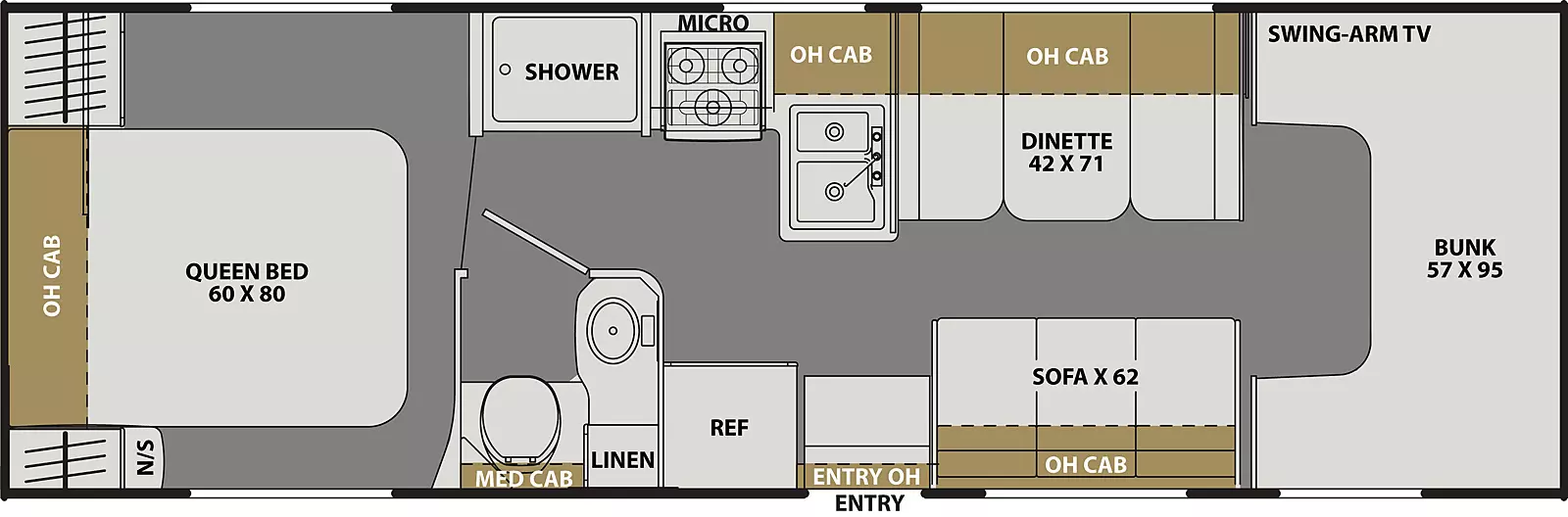 The Freelander 27QB FORD 450 has 0 slideouts and 1 entry door.  Interior layout from front to back; front 57 inch by 95 inch bunk with off-door swing arm TV; off-door side 42 inch by 71 inch dinette and overhead cabinets; door side 62 inch sofa with overhead cabinets and refrigerator; off-door side kitchen with microwave above stovetop, double basin sink and overhead cabinets; off-door side shower separate from the bathroom; door side bathroom with toilet, sink, linen closet and medicine cabinet; rear bedroom with 60 inch by 80 inch foot facing queen bed with overhead cabinets and night stand.