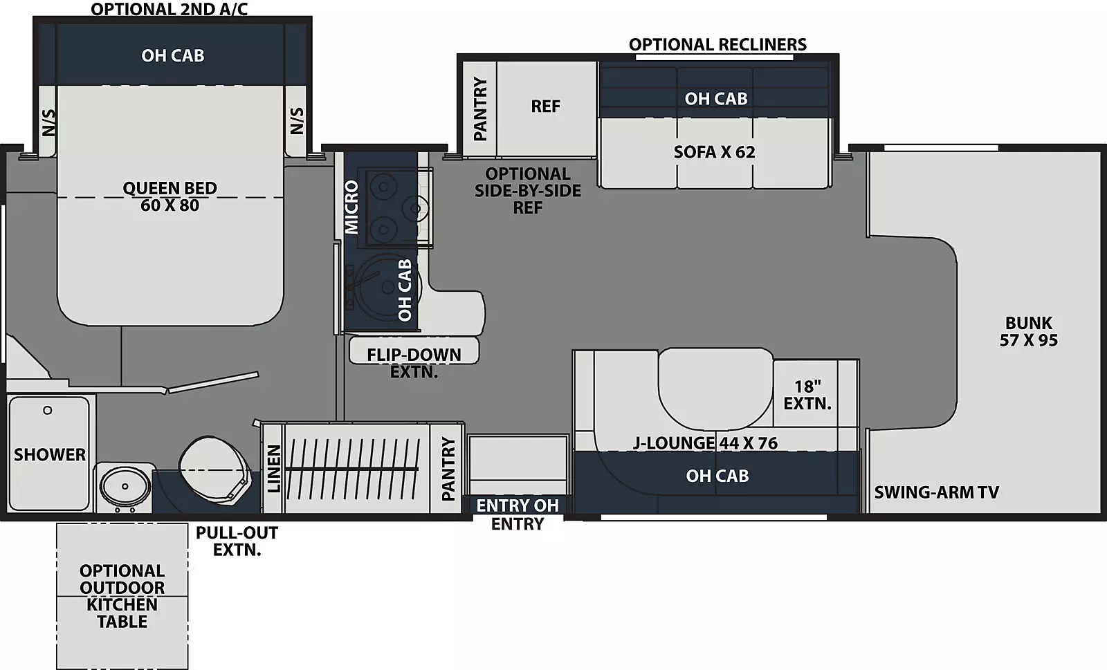 The Leprechaun 260DS FORD 450 has 2 slideouts, 2 on off-door side and 0 on door side and 1 entry door.  Interior layout from front to back; front 57 inch by 95 inch bunk with swing arm TV; door side 44 inch by 76 inch J-Lounge with 18 inch extension; off-door side 62 inch sofa with overhead cabinets; off-door side refrigerator and pantry with wrap around cooktop with microwave, overhead cabinets and single sink with flip down extension; door side pantry; rear bedroom with 60 inch by 80 inch foot facing queen bed with overhead cabinets and night stand on either side; rear door side bathroom with shower, toilet, sink and linen closet. Optional recliners, second air conditioning and outdoor kitchen table with pull out extension.